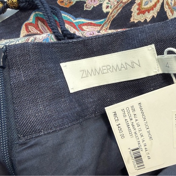 Zimmermann Rhiannon Tuck Paisley Linen Shorts Women 12 US Navy Floral High Waist - Picture 10 of 17